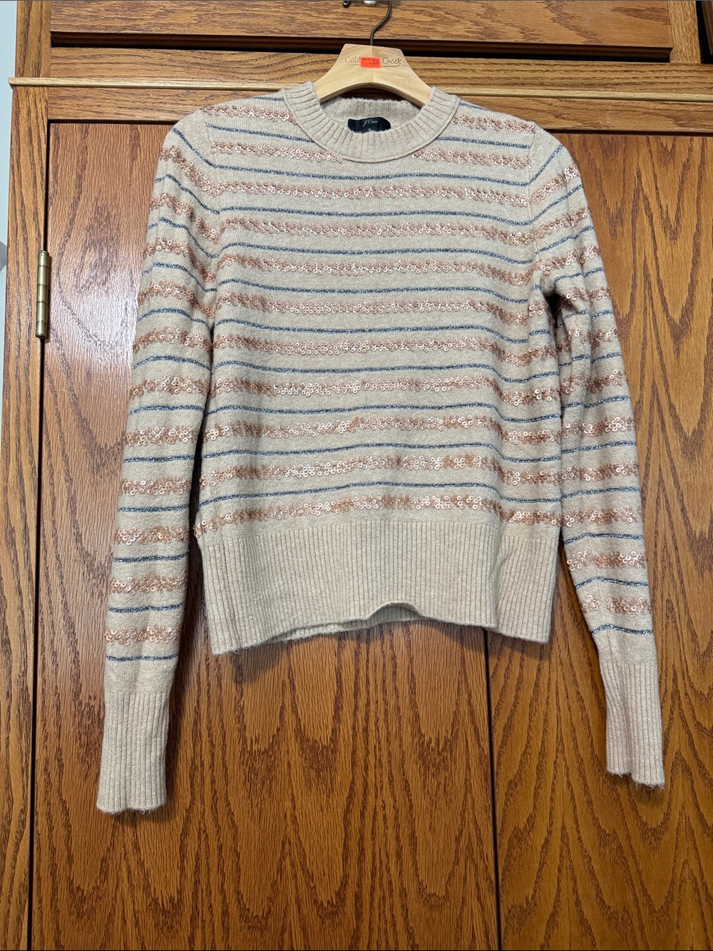 J. Crew Cream Crewneck Sweater with Tan and Blue Stripes